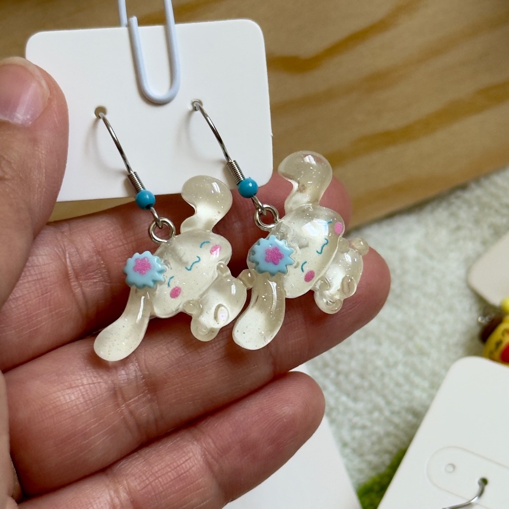 Cute Ivory Bunny Drop Earrings with Blue Flower Accents
